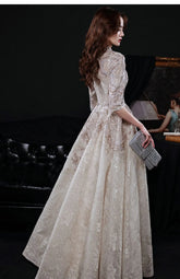 Luxury Champagne Prom Dresses Half Sleeves Lace Beaded Elegant Formal High Neck A-Line Long Wedding Celebrity Evening Gowns New